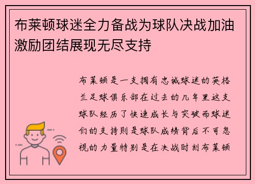 布莱顿球迷全力备战为球队决战加油激励团结展现无尽支持