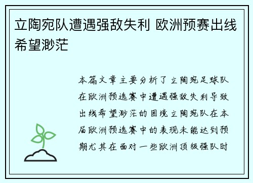 立陶宛队遭遇强敌失利 欧洲预赛出线希望渺茫