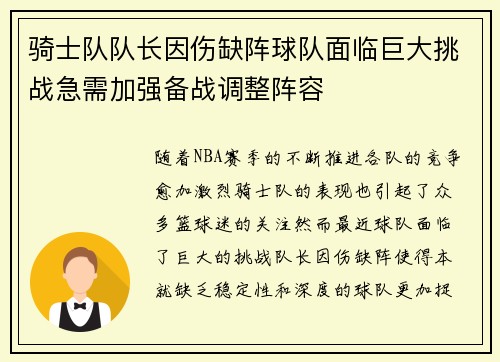 骑士队队长因伤缺阵球队面临巨大挑战急需加强备战调整阵容